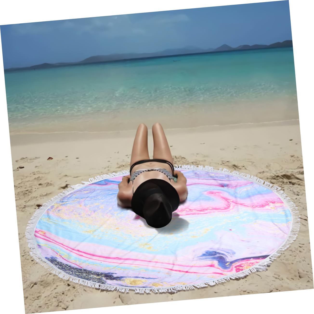 Garneck Telo Mare Rotondo 150cm in Poliestere con Nappe Effetto Marmo
