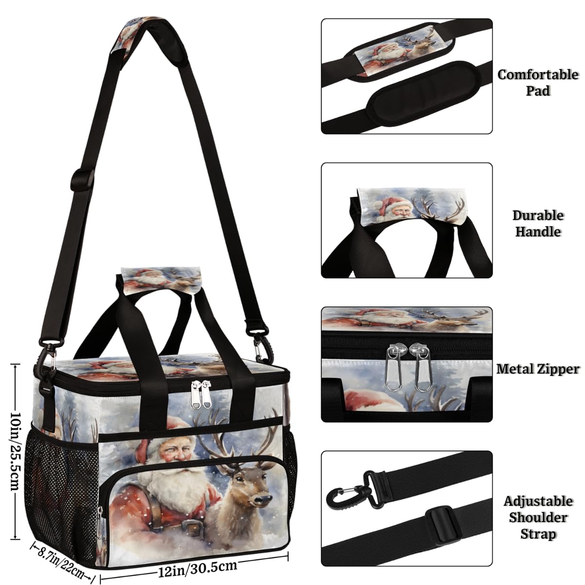 Insulated Picnic Backpack Lunch Box for Women Men Picnic Basket Tote Lunch Bag Picnic Bag Portable Lunch Bags for Picnic, Beach, Work, Trip,Office, Camp Santa Claus Reindeer