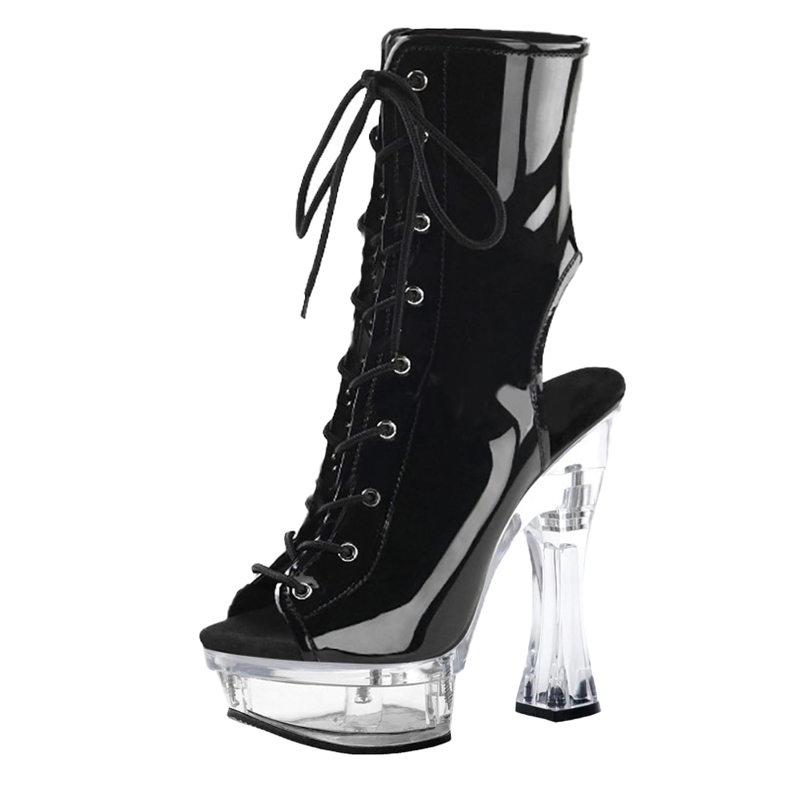 Vosswear Bottines Femmes Vernies Noires Dos Nu, Peep Toe Lacets 14cm Talon