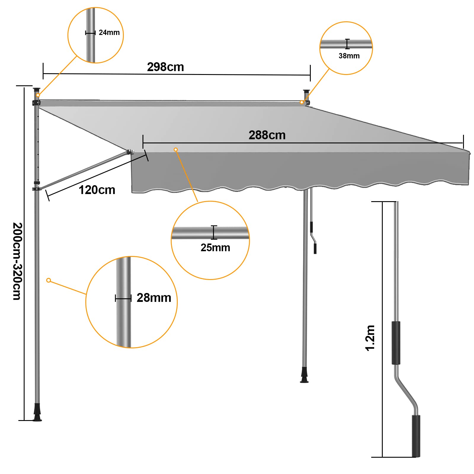 Fiqops Tenda da Sole 300x120cm, Tenda da Sole per Balcone, Regolabile in Altezza, Idrorepellente, Senza Forare, Beige