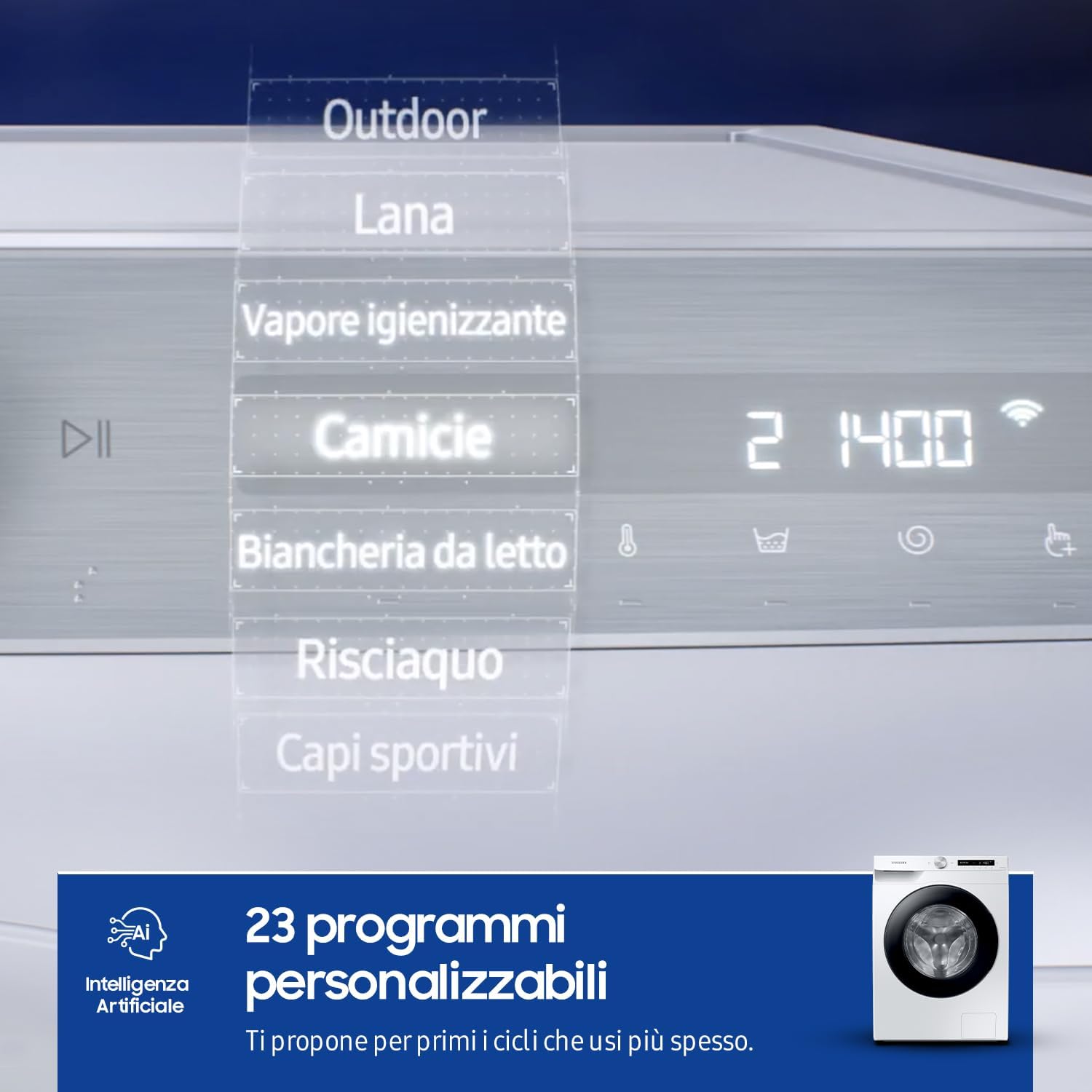 Close-up of the Samsung washing machine control panel, showing various program options like Outdoor, Wool, Steam, Shirts, Bedding, Rinse, and Sports Wear.