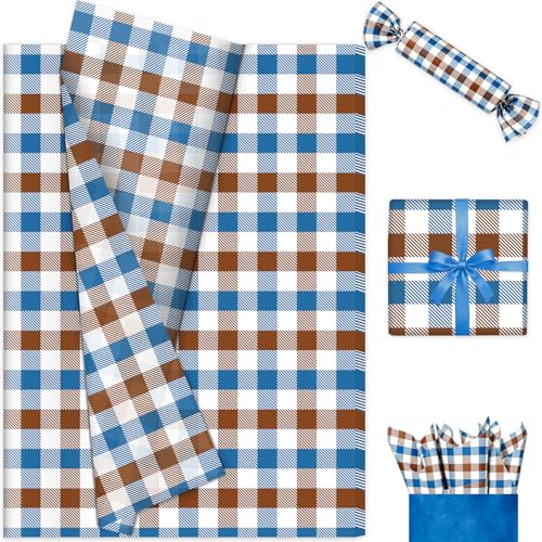 Papier de soie bleu et marron à carreaux | Lot de 100 feuilles pour emballage