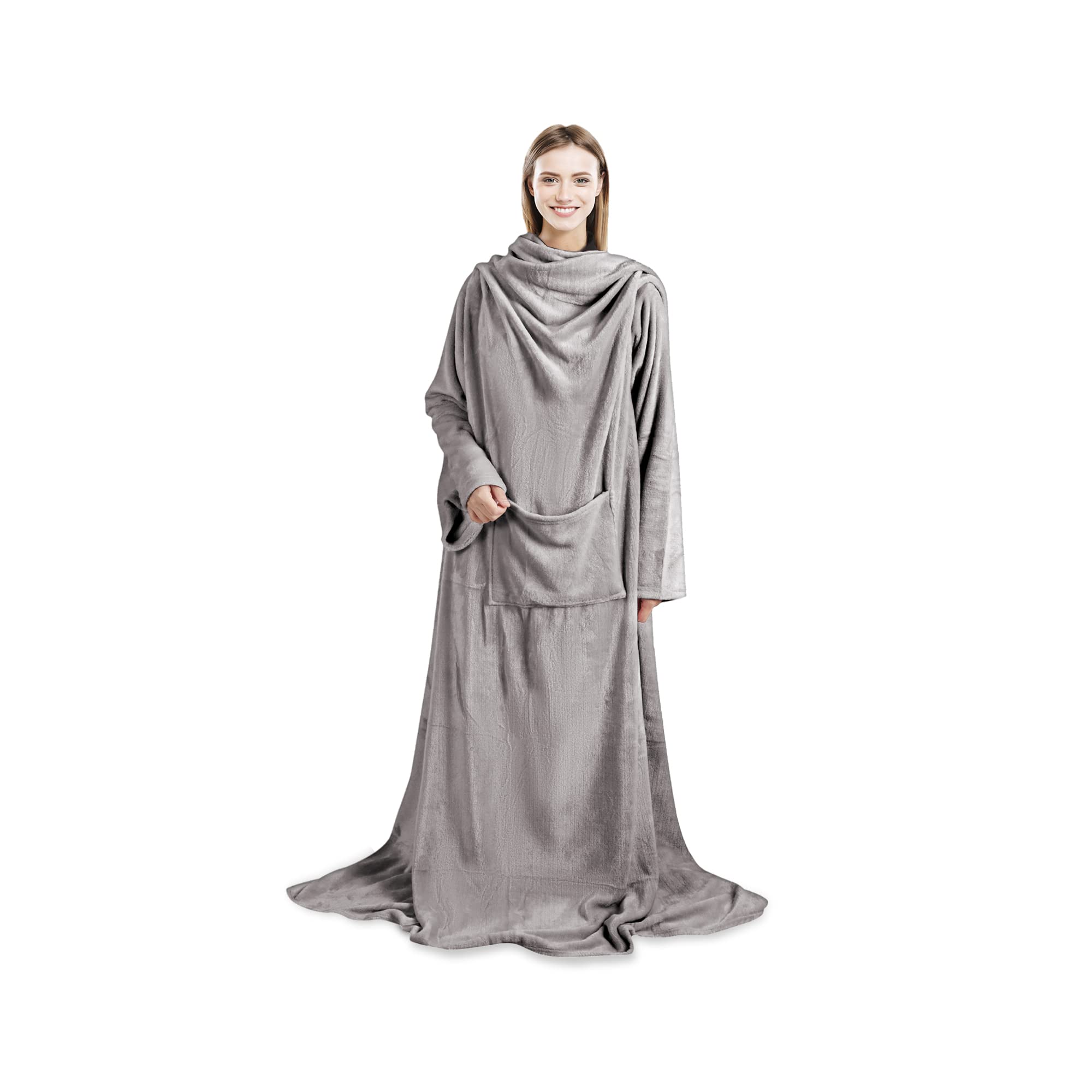 Albert Austin Wearable Blanket With Sleeves Cosy Fleece Hooded Blanket Pocket Ultra Soft Plush Fleece Blanket Snuggle Blanket For Men Women Extra Long Warm One Size Fits All 185 x 130 cm (Grey)