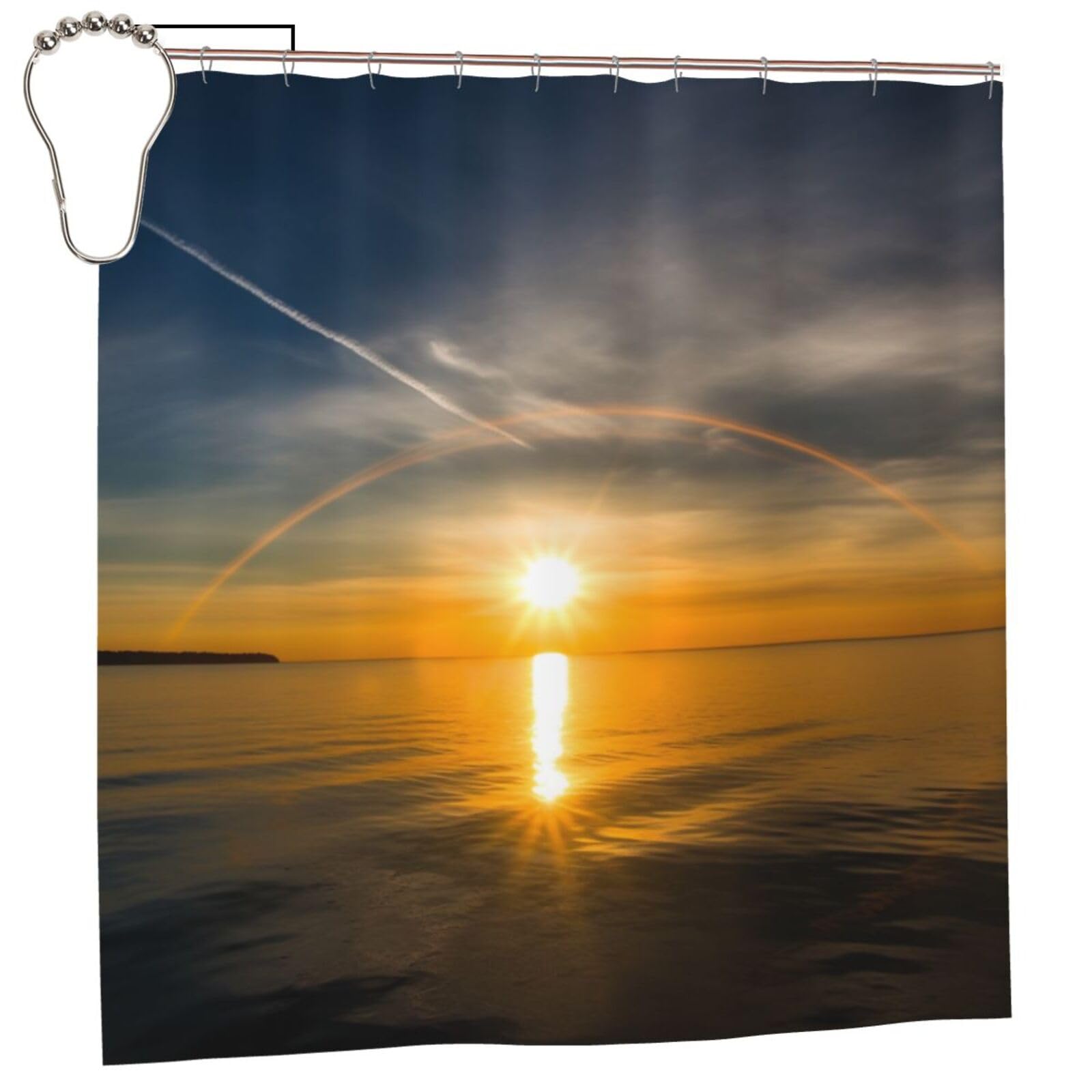 BWWHCCTI Sunrise horizon Printed Shower Curtain With 12 Iron Hooks Opaque Quick Drying Waterproof Shower Curtains Sets For Bathroom 183x183 CM