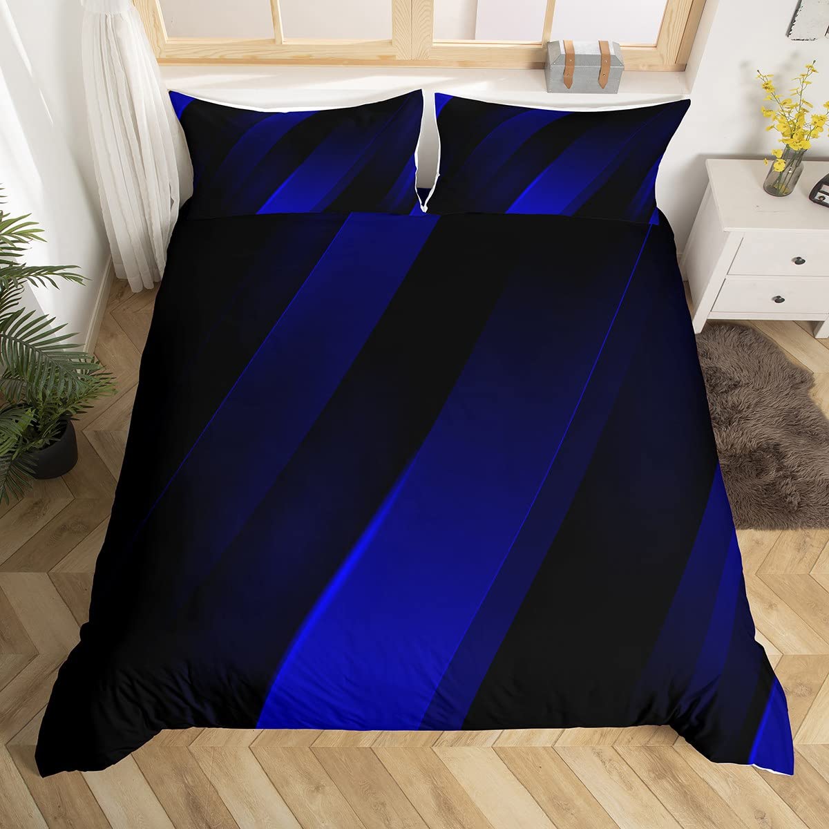 Housse de couette néon dégradé bleu marine et rayures géométriques