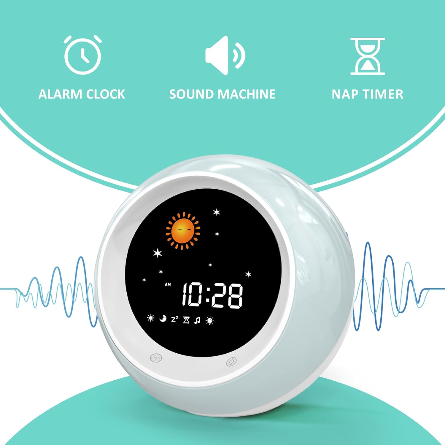 FiveHome A300 clock showing alarm, sound machine, and nap timer icons