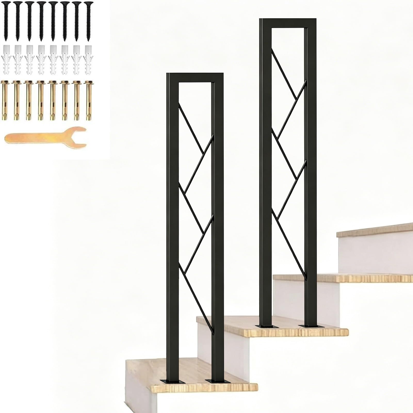Modern Handrail for Indoor Outdoor Stairs, U-Shaped Non-Slip Stair Railing for Villa Loft Entryway - Fits 1 Step, Black Wrought Iron Square Pipe(75cm/30in)