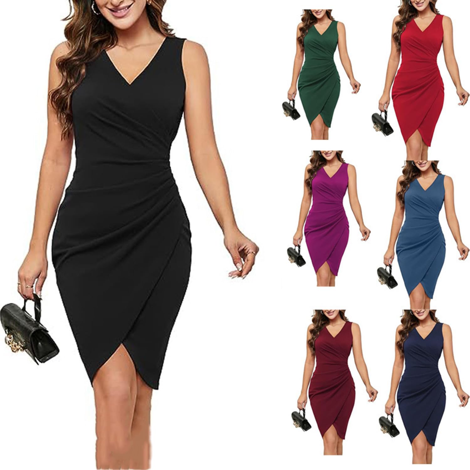 Vestido de Mujer Sexy con Cuello en V, sin Mangas, de imitación, Color sólido, Ajustado, Vestido Midi de Verano