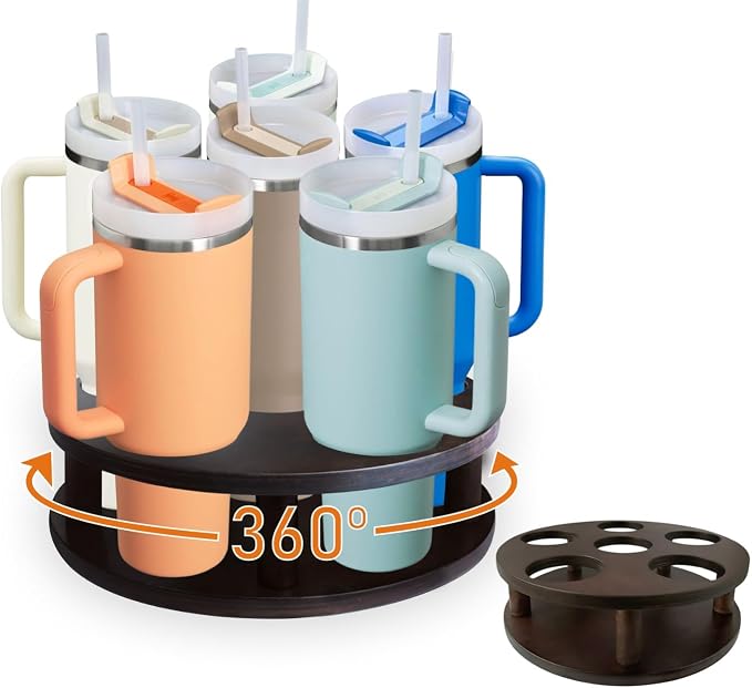 Tumbler Organizer for 20 30 40oz Stanley Cup Organizer with 6 Slot Bottle, Solid Wood Stanley Cup Organizer for Cabinets, 360° Rotatable Stanley Cup Holder, Water Bottle Organizer, Tumbler Lazy Susan.