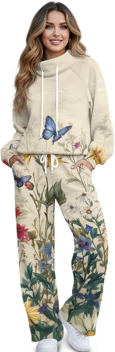 Women's 2 Piece Tracksuit Fall Outfits Comfy Long Sleeve Sweatshirt Wide Leg Sweatpants Lounge Set Jogger Outfits