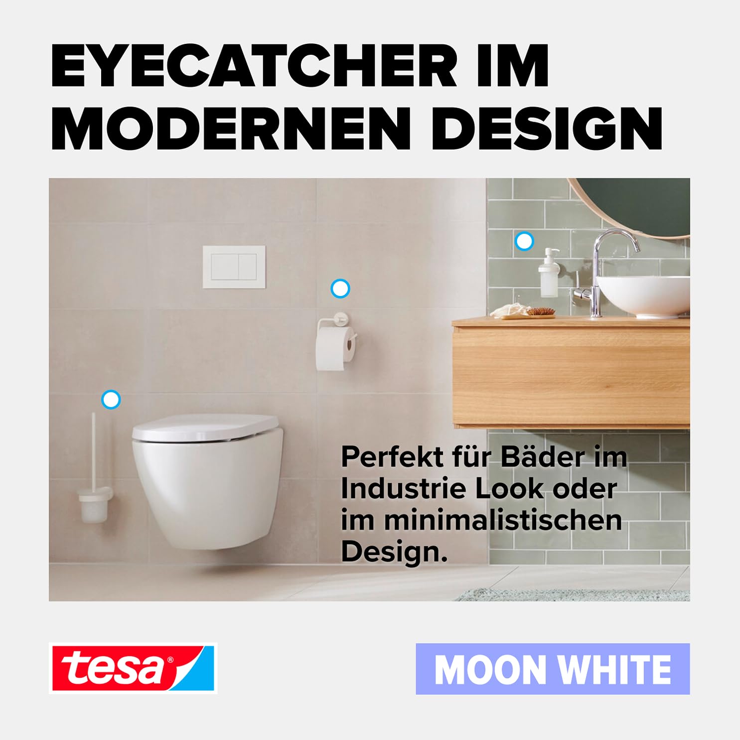 tesa MOON WHITE Handtuchhalter 2-armig, matt weiß, für Bad & WC - für Bäder im Industrial Style und moderne Badezimmer - bohrfrei, inkl. Klebelösung - 50 mm x 84 mm x 456 mm