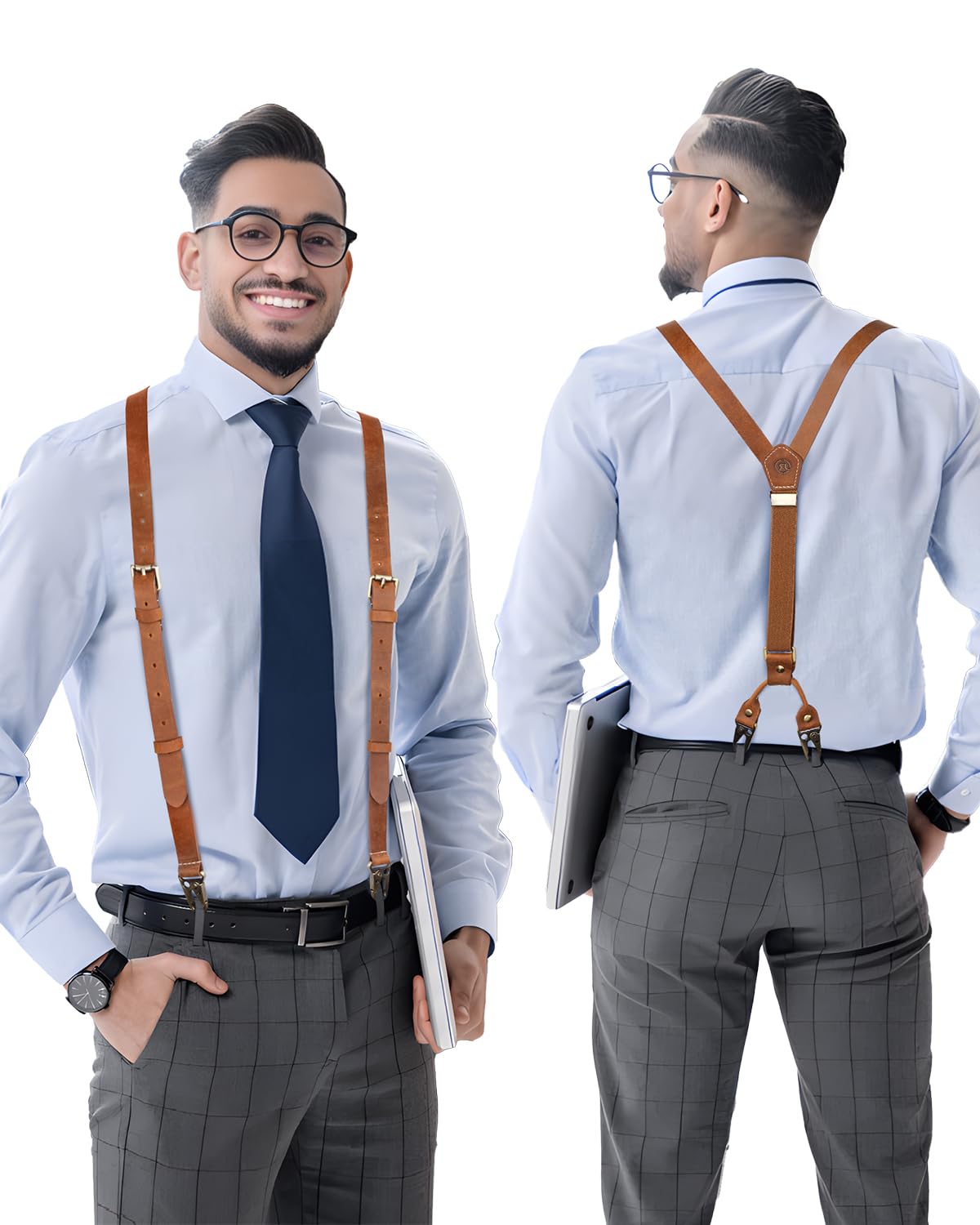 JinRuiKJ Tirantes de cuero para hombre, tirantes elásticos ajustables en Y para hombre, 2 tipos de clips de metal disponibles