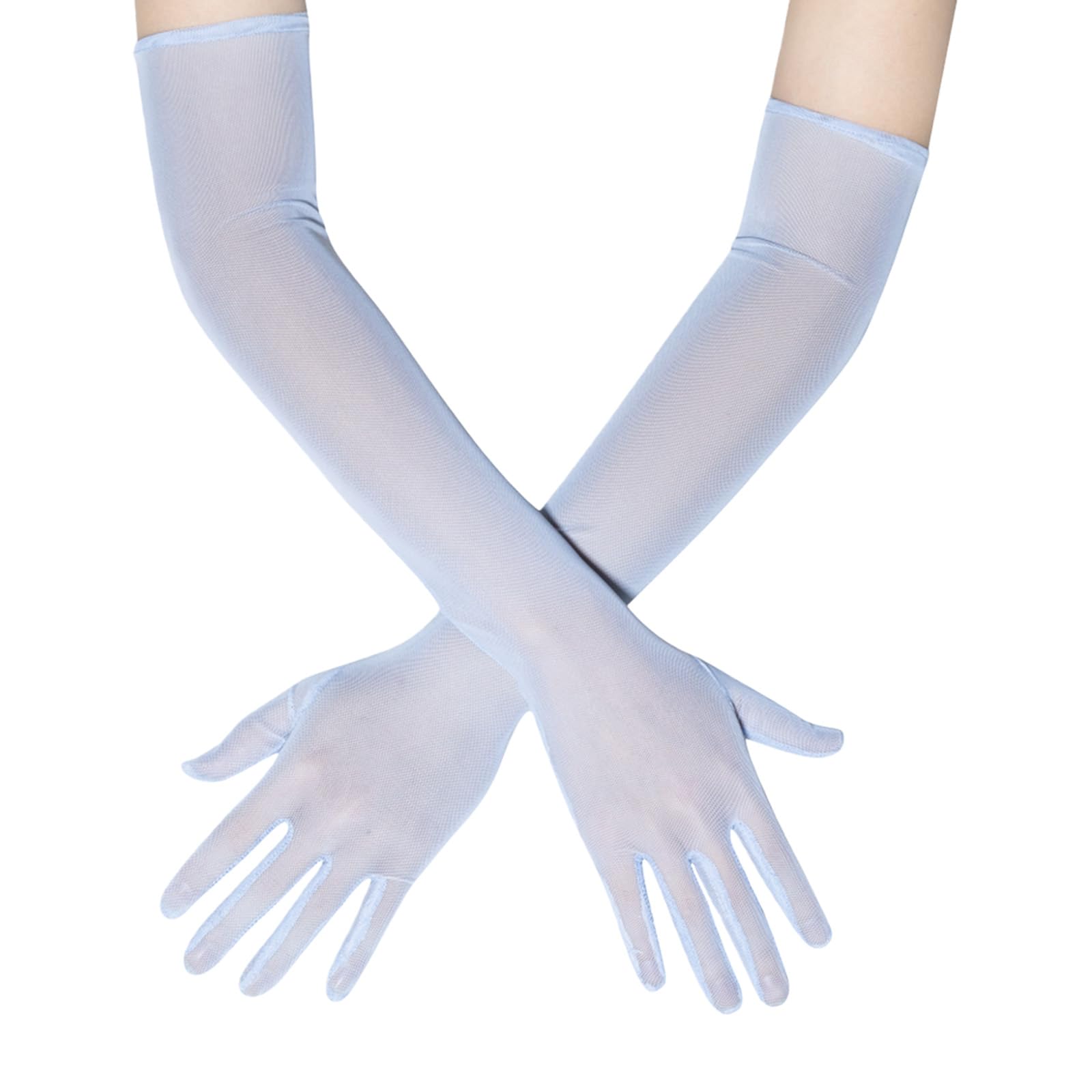 Gissroys Unisex Light Blue Stylish Gloves With Extended Arm Transparent Tulle Comfortable Stretchy Arm Warmers For Women Formal Occasions And Casual Outfit Evening Gloves, One Size