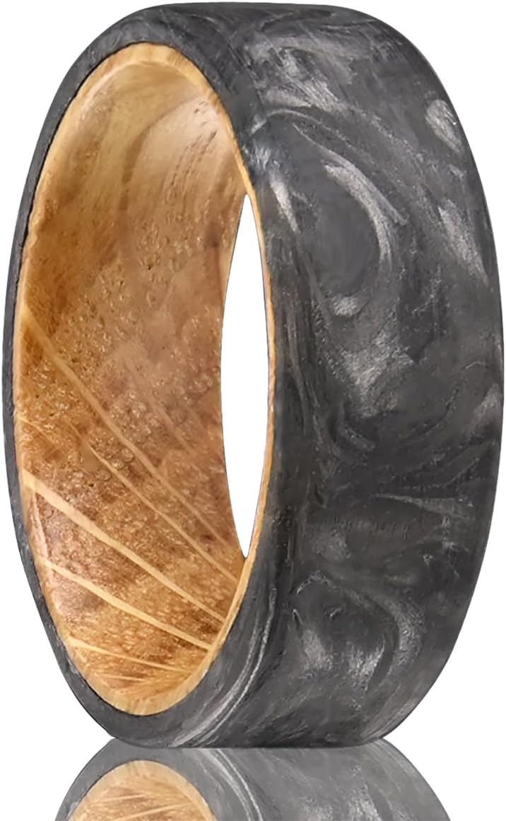 Carbon Fiber Rings for Men Women 8mm Whiskey Barrel Wood Men's Wedding Bands Natural Texture Ultra Light and Comfortable