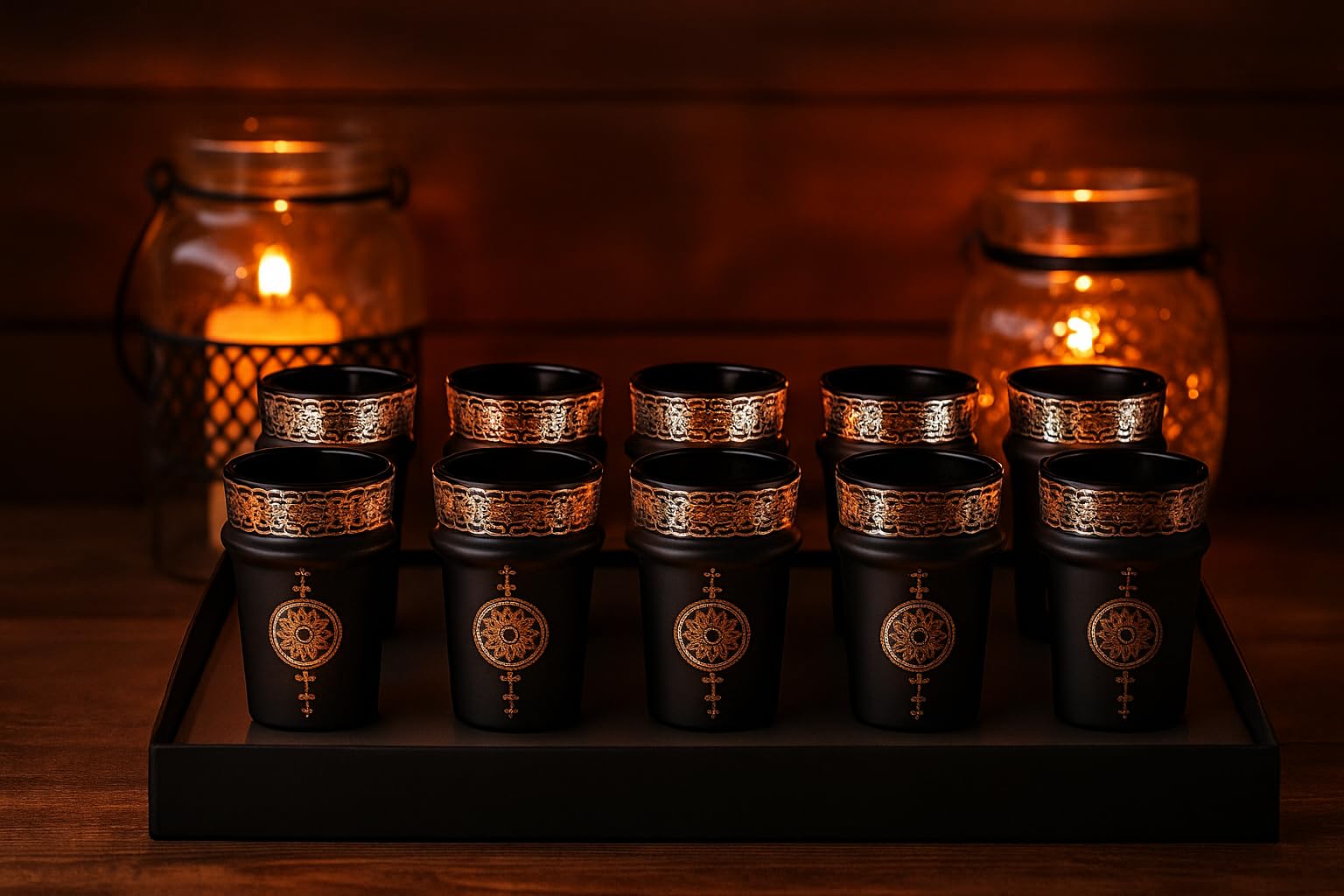 Générique Set of 12 Moroccan Tea Glasses, Black and Copper, Oriental Style with Traditional Decorative Motifs