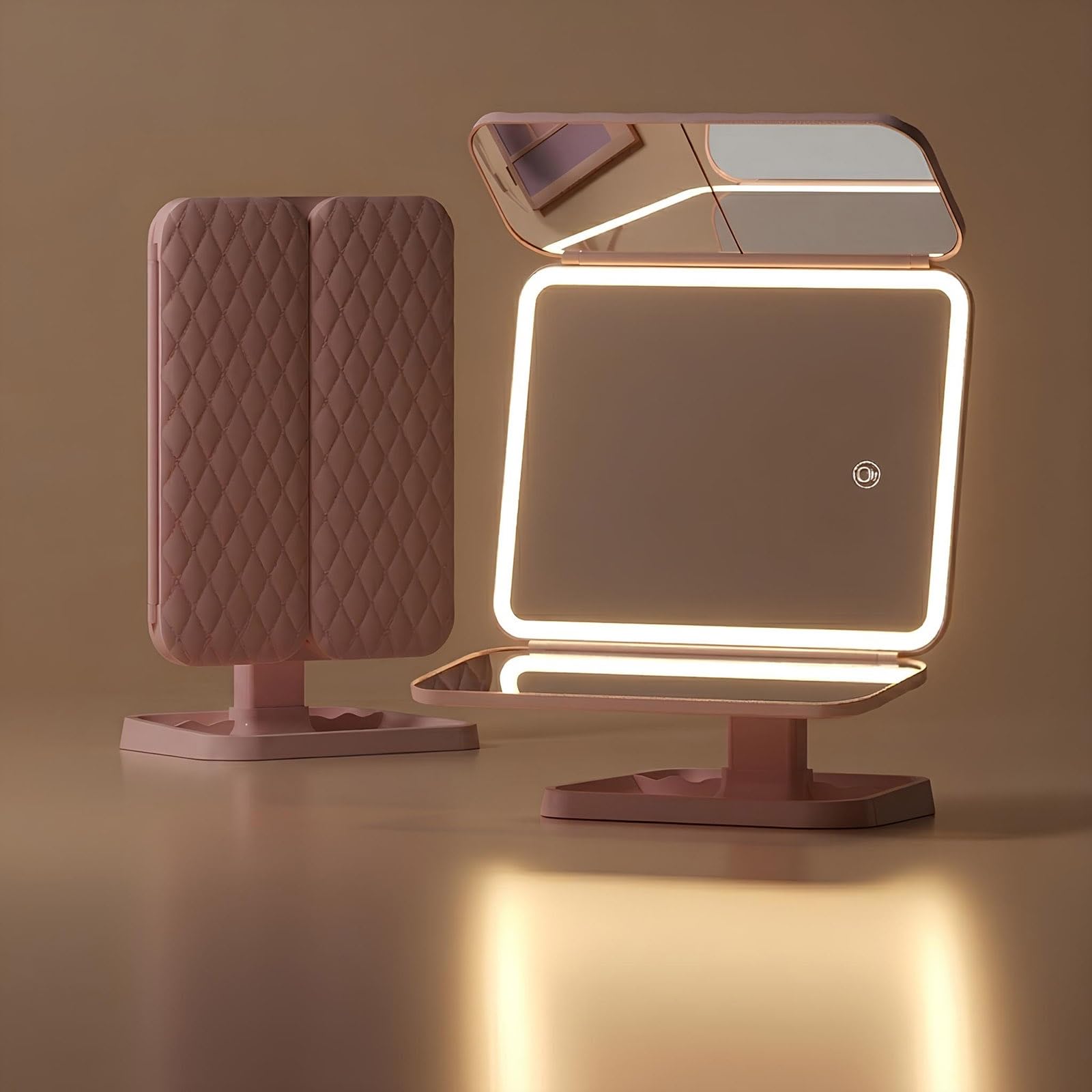 Espejo de Maquillaje LED Plegable, Espejo Cosmético Recargable con Aumento 1X/2X/3X, 3 Modos de Iluminación, Brillo Regulable, Control Táctil(Blush)