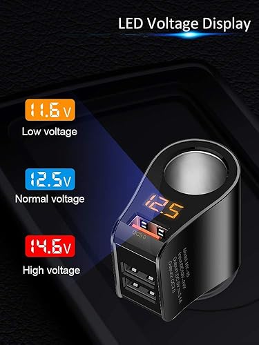 Vista 5 de LIHAN Cargador de coche con 3 USB, salida QC3.0, adaptador para encendedor de cigarrillos, enchufe de salida de 12 V/24 V, medidor de voltaje