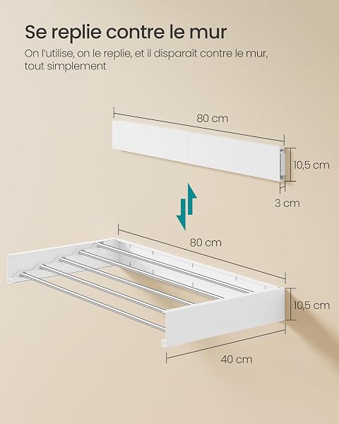 SONGMICS Étendoir à Linge Mural Rabattable, Longueur 80 cm, 5 Barres en Alliage d'Aluminium, Séchoir Pliable, Gabarit de Perçage, Gain de Place, Intérieur, Extérieur, Buanderie, Blanc Mat LLR809WE01 - 5