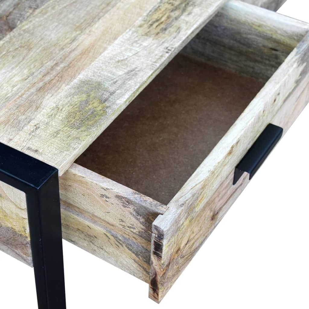 Couchtisch Massivholz Mango 100x60x40 cm - Rustikaler Wohnzimmertisch mit 2 Schubladen und Eisenbeinen, Retro Kaffeetisch aus Holz und Metall für das Wohnzimmer