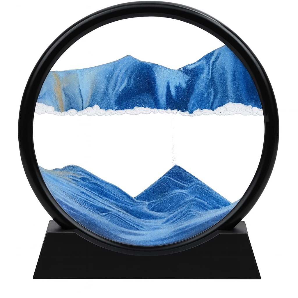 3D Sand Glass Round Blue 7 Inches - Dynamic Art Sand Painting, Elegant Home Decoration, Stress Relief, High Transparency Glass, Artistic Sandscape for Desktop and Bookshelves