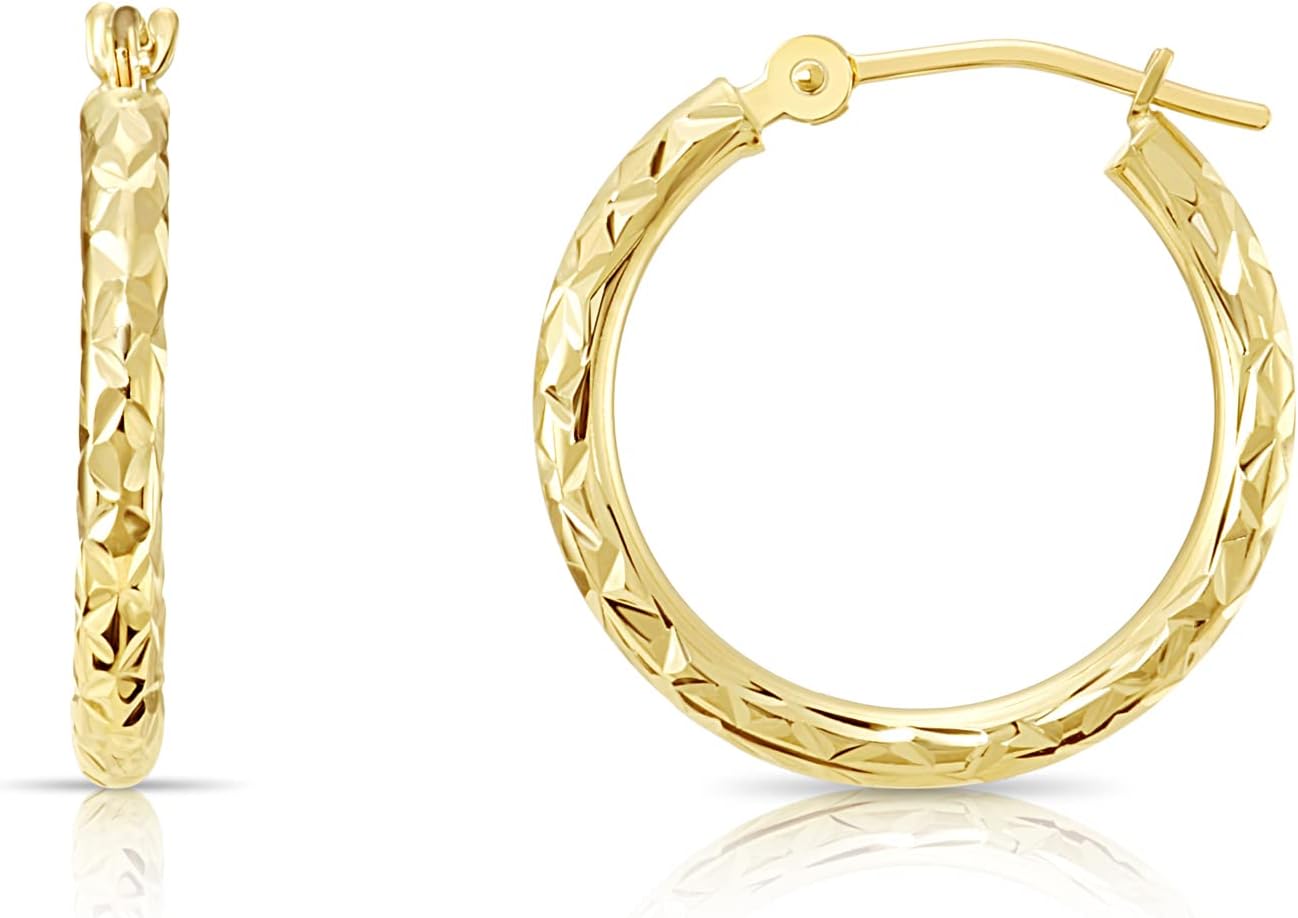 14K Yellow Gold Round Hoop Earrings with X Pattern Diamond-cut Design