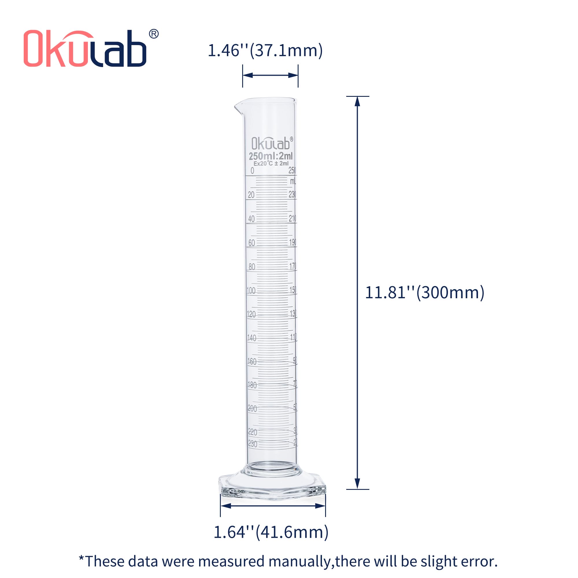 Cilindro graduato, 2 pezzi di Vol.250ml, Cilindro in vetro borosilicato 3.3, cilindri di laboratorio Cilindro di misurazione in vetro, MCG250A2