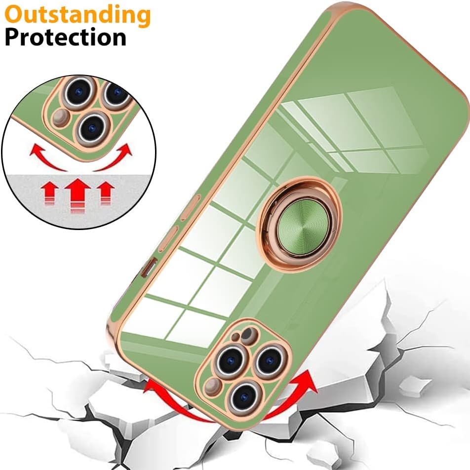 KANGHAR Compatible with iPhone 13 Pro Max Case for Women Girls 6.7 Inch, Plating Built-in 360 Rotation Magnetic Ring Kickstand Holder Soft Slim Shockproof Bumper Protective Cover (Light Green)