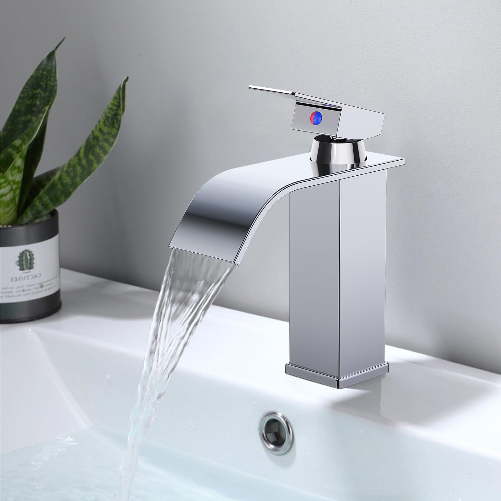 Rubinetto Bagno Lavabo a Cascata,Miscelatore Lavabo Bagno,Miscelatore per bagno in ottone e acciaio inox, cromato (incl. tubo da 60 cm)