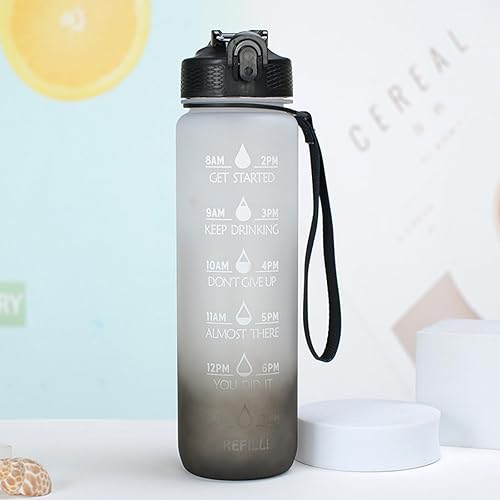 Botella de agua de 33.8 fl oz, a prueba de fugas, libre de BPA y tóxicos, botella deportiva motivacional con tiempos para beber y pajita, fitness