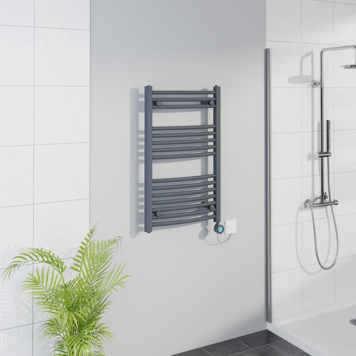 Warmehaus Anthracite Smart Wifi Thermostatic Electric Bathroom Curved Heated Towel Rail Warmer Radiator With Timer 800X500mm