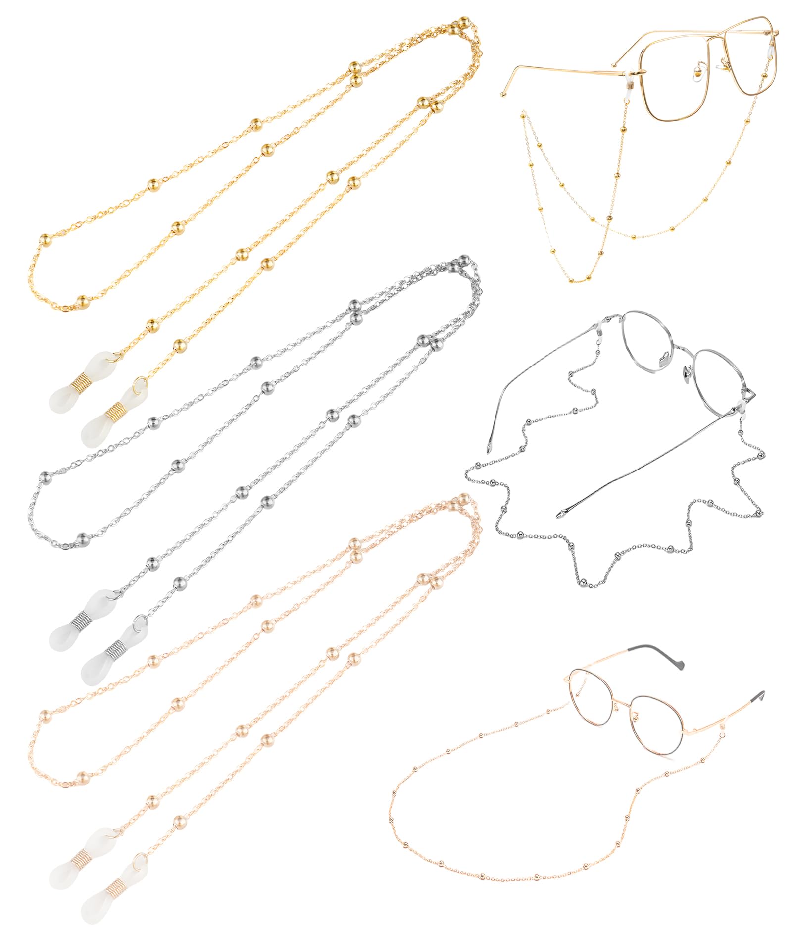 Eyeglass Specs Holder Strap, Spectacles for Women, 3-Piece Spectacle Chain for Women, Stylish Specs Holder with Beads, 70cm 2mm, Ideal for Daily Use and Social Events