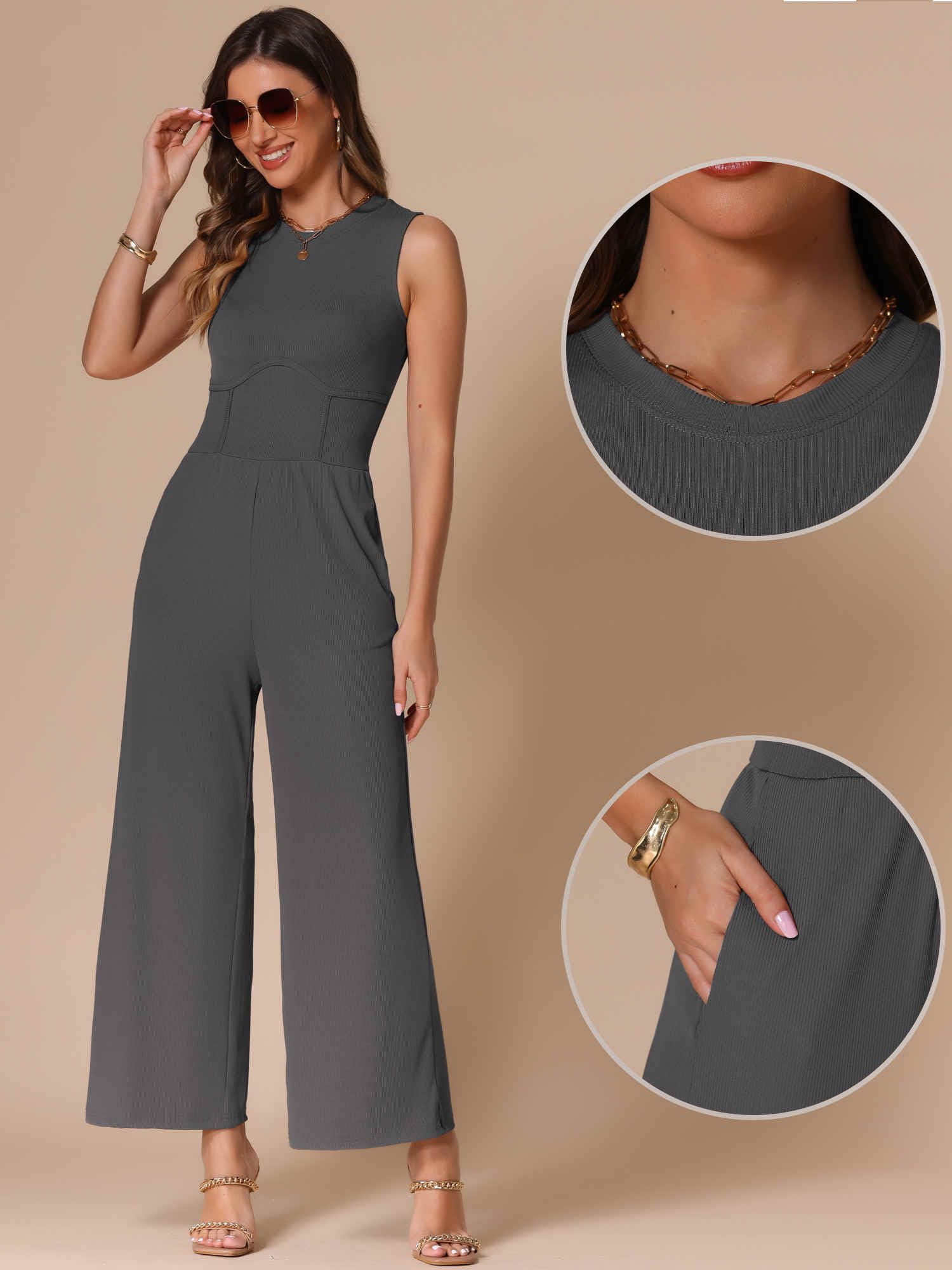 Allegra K Mono de verano para mujer, elegante, casual, sin mangas, cuello redondo, pantalones de pierna ancha