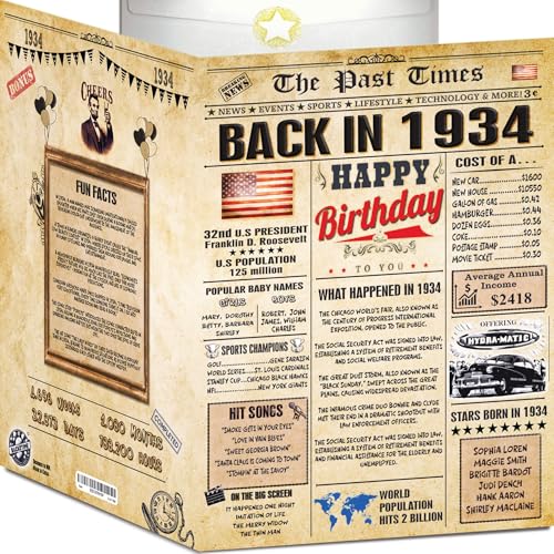 Back2Time 92nd Birthday Cards for Men & Women - Back In 1934 Newspaper (Bday Card + Envelope) Large HAPPY BIRTHDAY Decorations for Her Him Vintage Funny card for Wife Husband & Grandparents 92 years