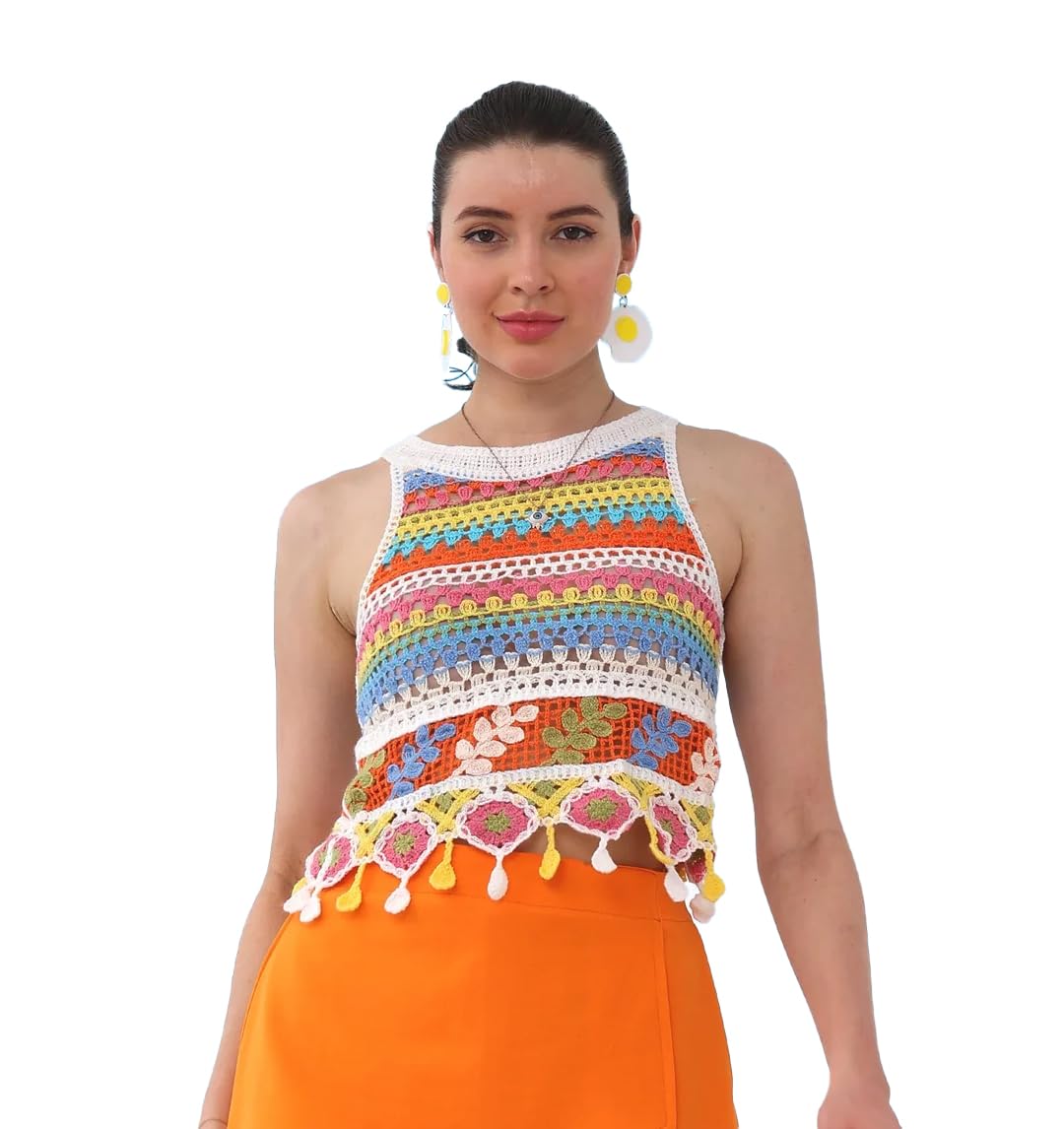 icw Women Embroidery Beachwear Halter Neck Sleeveless Knit Boho Crochet Vest Crop Cami Tank Top 158-picture-32