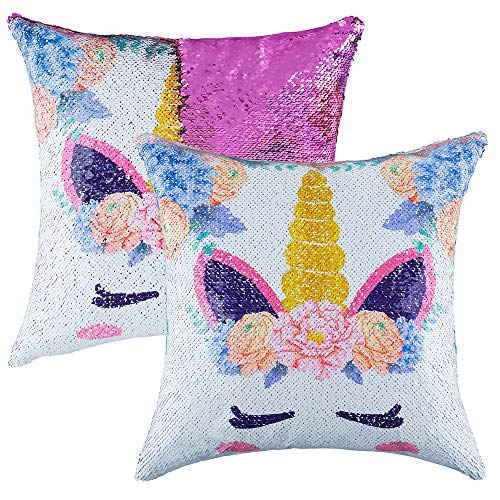 Unicorn Sequins Cushion Cover,Christmas Festival Decorative Reversible Mermaid Throw Pillow Case Color Changing Ro om Decor for Sofa Bed 16