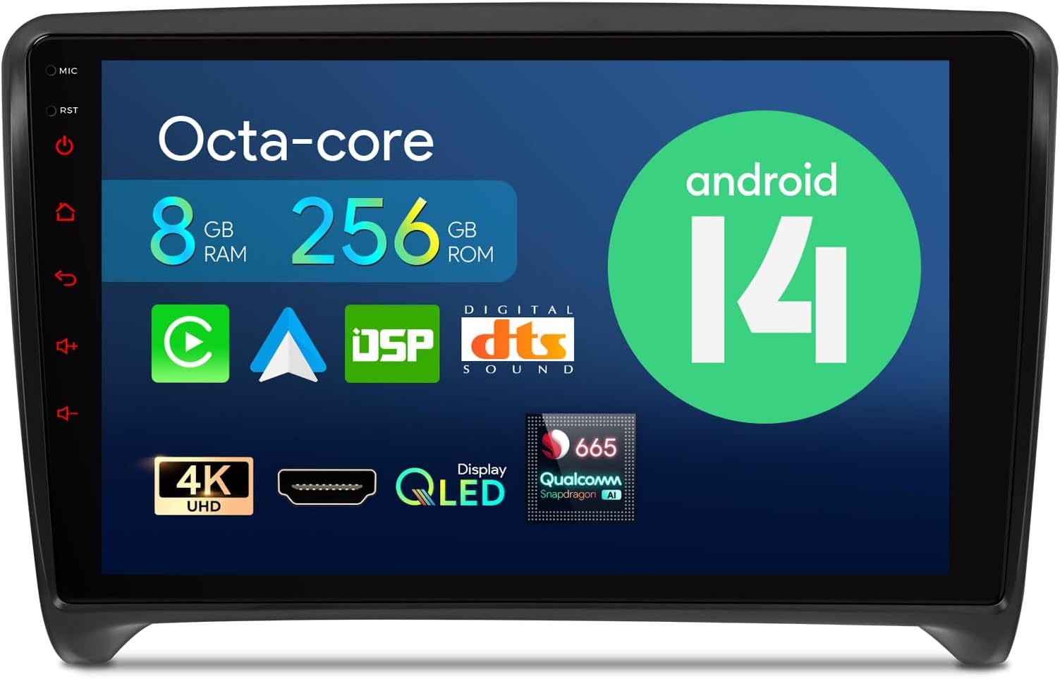 Car Stereo for Audi TT MK2, Android 14 Qualcomm Octa Core 8GB+256GB Car Radio, 9 Inch QLED Touch Screen GPS Navigation for Car Bluetooth Head Unit DSP CarPlay Android Auto