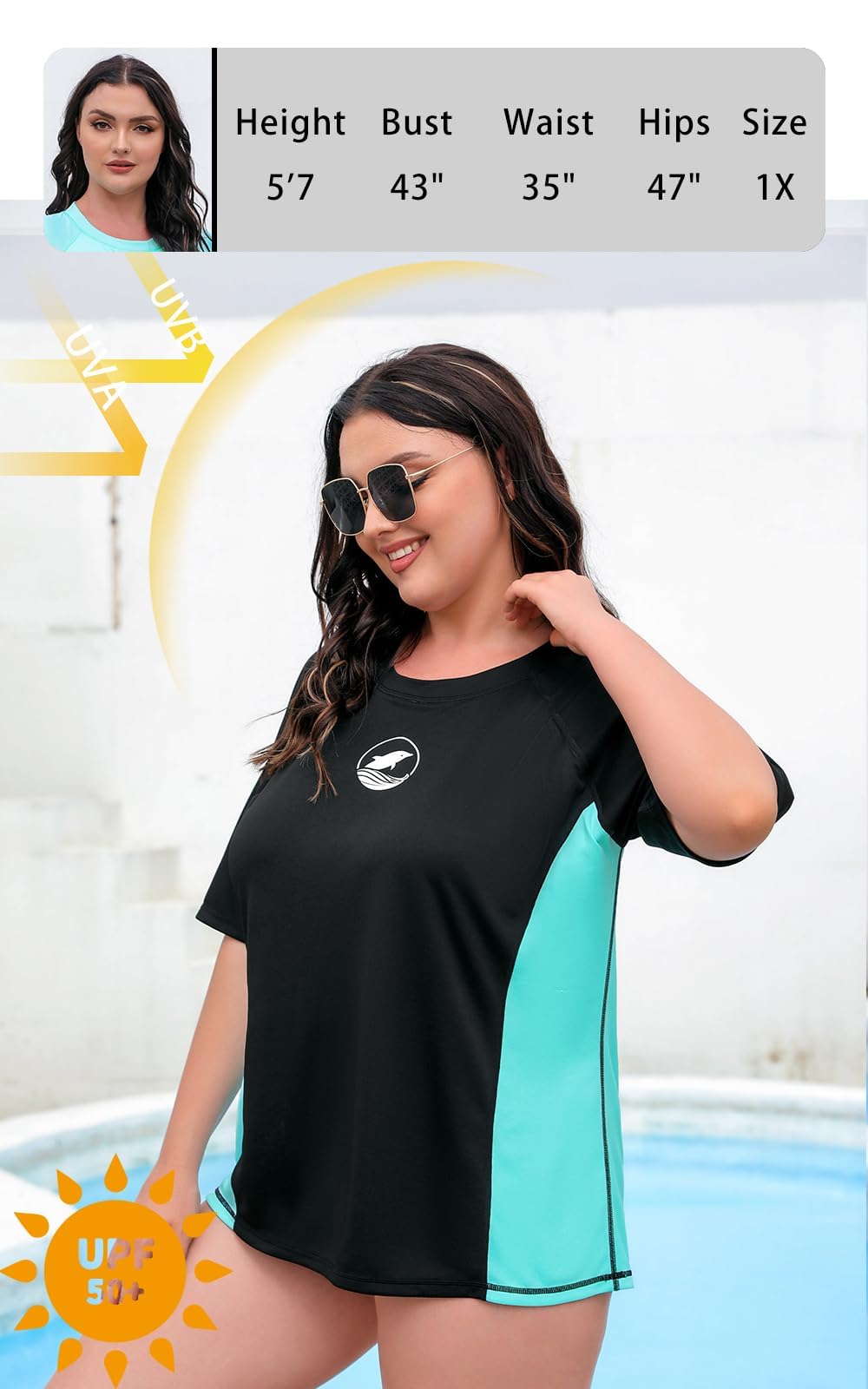 Halcurt Camiseta de natación para mujer, talla grande, brasier integrado, manga corta, UPF50, peso ligero