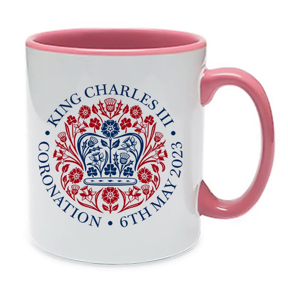 Giftme King Charles III Coronation 2023, Coronation King, New King Monarch Royal Tea Coffee Mugs, Majesty Mug, 11oz Inside Coloured Ceramic Mug. (Pink)