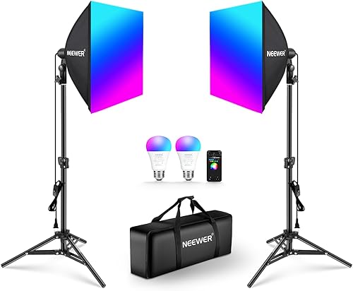 Miniatura 10 de NEEWER Kit de iluminación RGB Softbox con control de aplicación y 9 modos de efecto, paquete de 2 bombillas LED certificadas por FCCICUL de 26 W