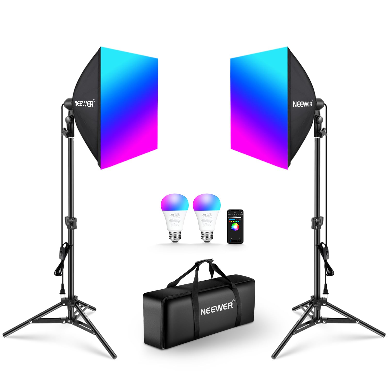 NEEWER RGB 180W Equivalent Softbox Lighting Kit with App Control & 9 Effects, 2 Pack 9W 2700-6500K LED Bulbs CRI93+ TLCI98+, E26 Porcelain Socket, 16"