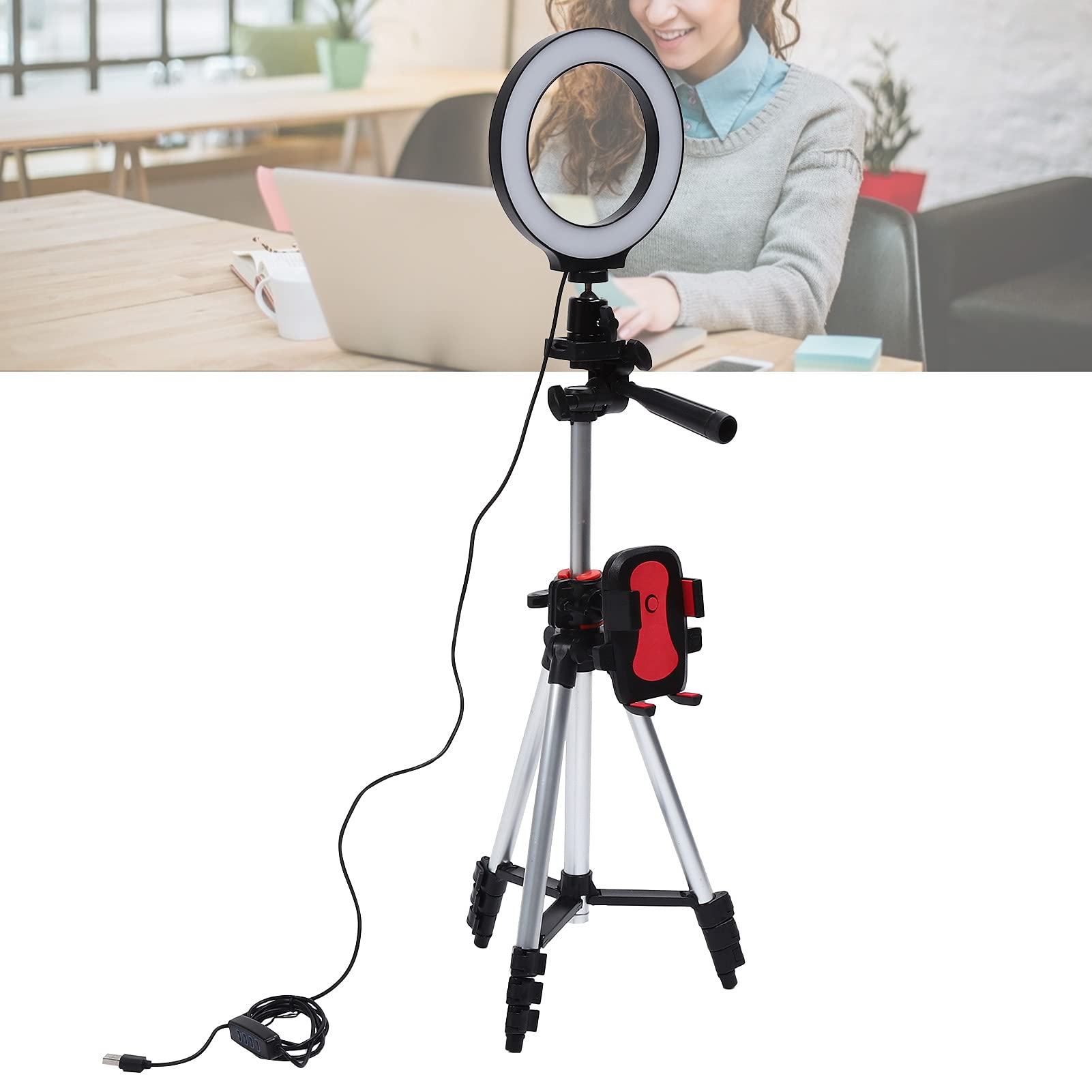 Anello Luminoso a LED Dimmerabile con Treppiedi per Studio Video di Trucco, Lega di Alluminio, Diametro Anello di 6,2 Pollici, Alimentato Tramite USB per Lampada da Scrivania o da Terra