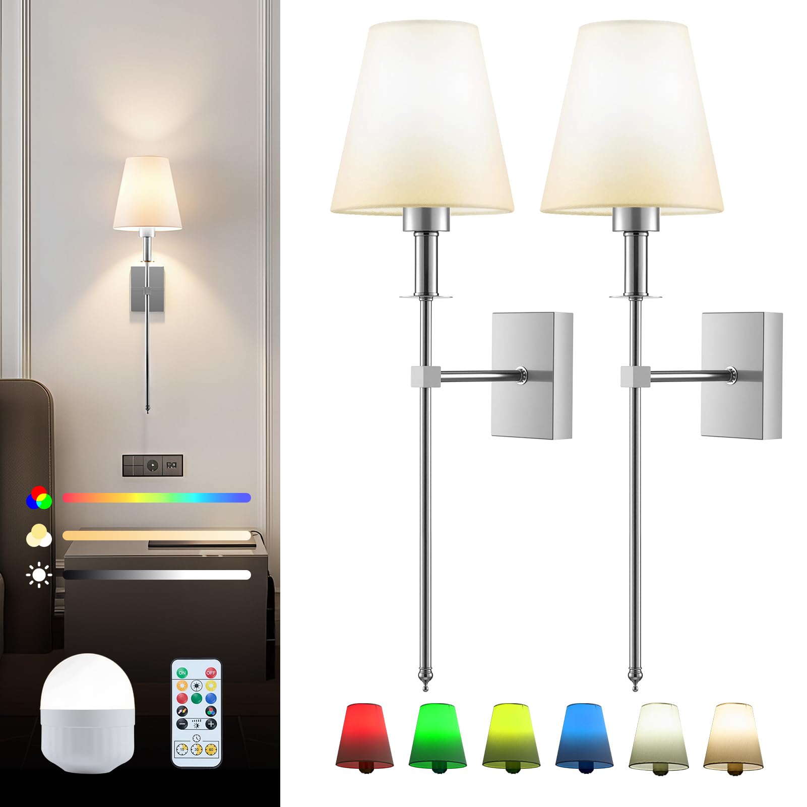 Warmiehomy Rechargeable Wall Lights Set of 2, Battery Operated Wireless Wall Sconces with Remote & Dimmable Bulb, 3 Color Temperature & 16 RGB Colors, Indoor Wall Lamp for Living Room Bedroom, Chrome