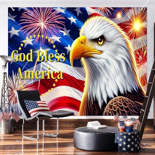 Image of BlissYard 4th of July Backdrop 8x6ft Independence Day Decorations Patriotic Eagle God Bless America Banner American Flag Fireworks Decorations for Memorial Day Independence Day Veterans Day Party Supplies
