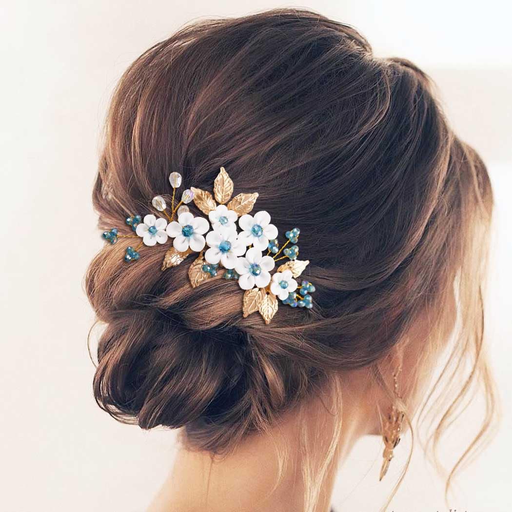 Ushiny Flower Wedding Hair Comb Gold Hair Accessories Rhinestone Bridal Hair Piece Prom Side Comb for Women and Girls - Image 2