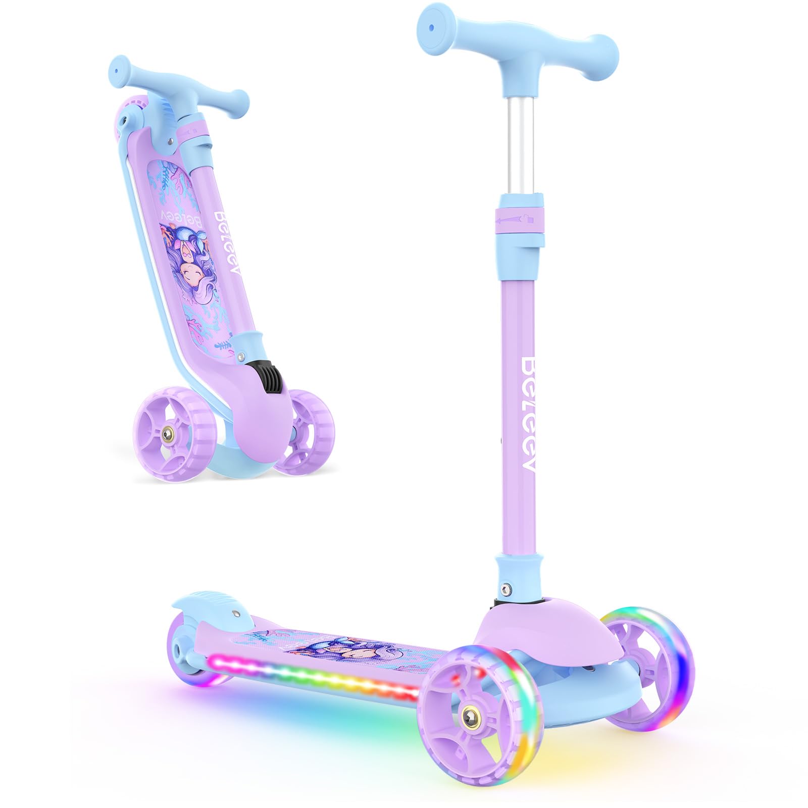 BELEEV Scooter for Kids with Light-Up Wheels & Deck, 3 Wheel Folding Scooter for Toddlers Girls Boys, 4 Adjustable Height, Non-Slip Pattern Deck, Lightweight Kick Scooter for Children Ages 3-12