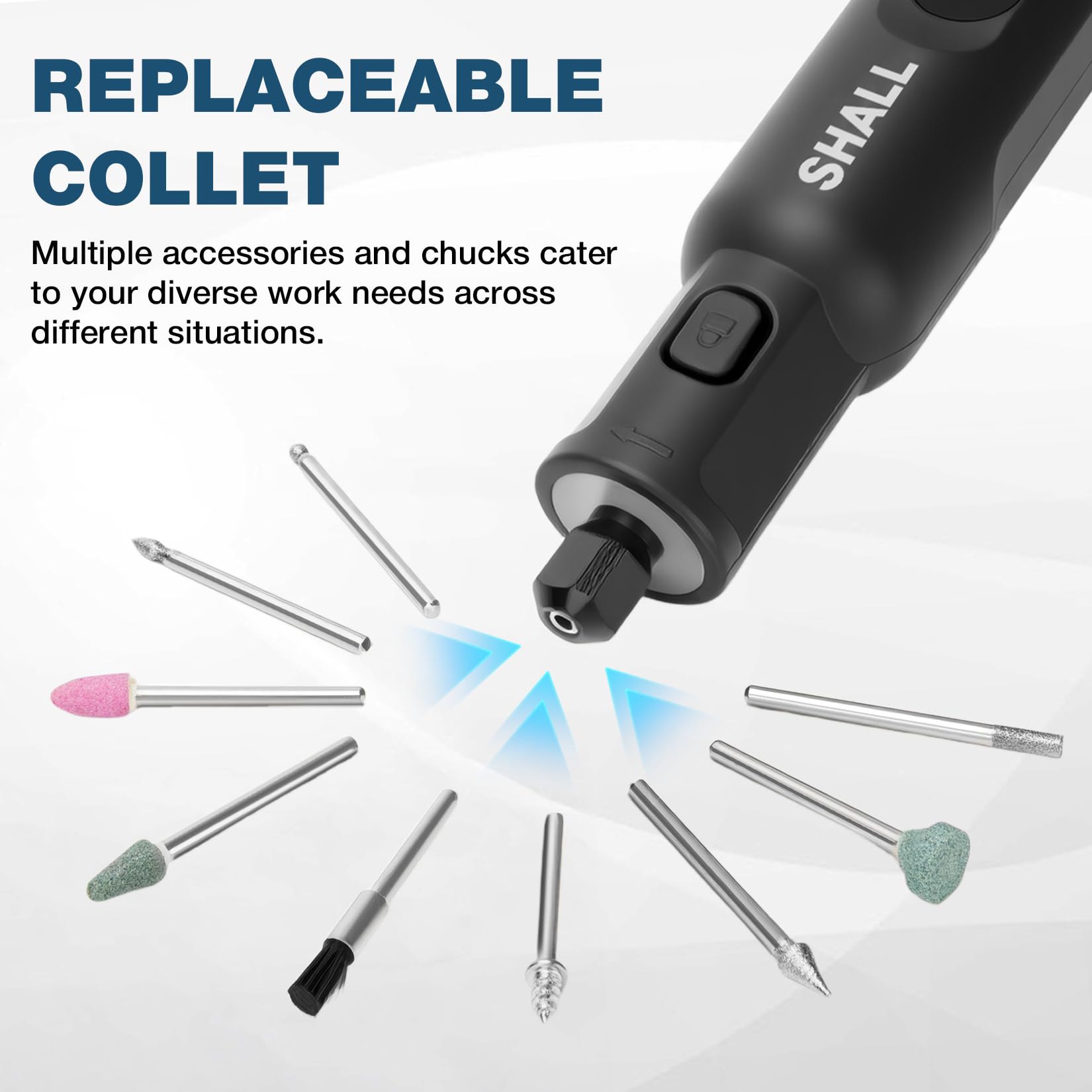 SHALL Utensile rotante senza fili da 3,7 V, 20000 giri/min, 5 velocità, kit smerigliatrice ricaricabile tramite USB con 70 accessori e luce LED, multiuso per levigatura