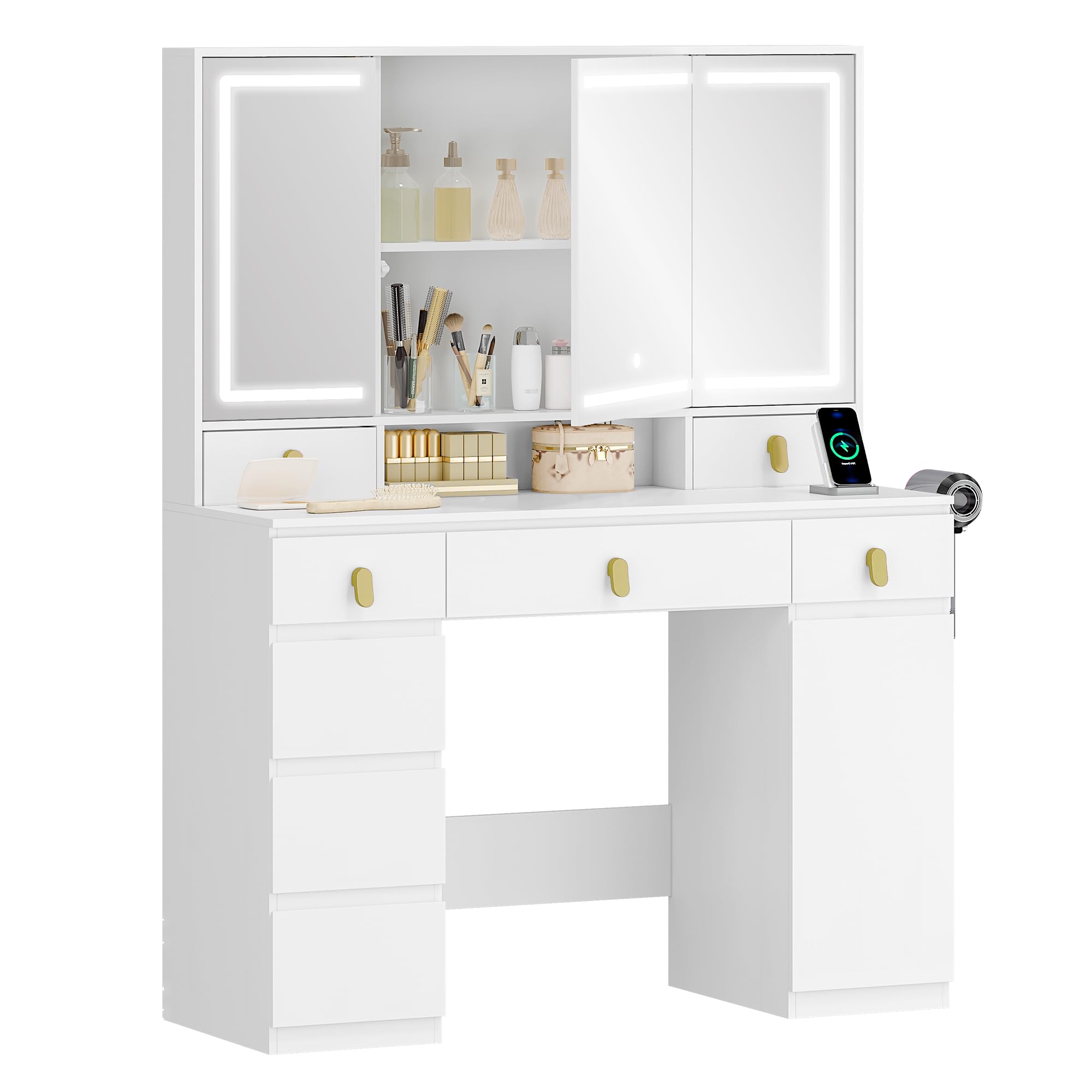 Hzuaneri Toeletta da Trucco Grande con Illuminazione a LED, con Presa e Porta Asciugacapelli, 3 Colori, Luminosità Regolabile, Tavolo da Trucco con Specchio, 8 Cassetti 1 Armadietti, Bianco DT42003XEU