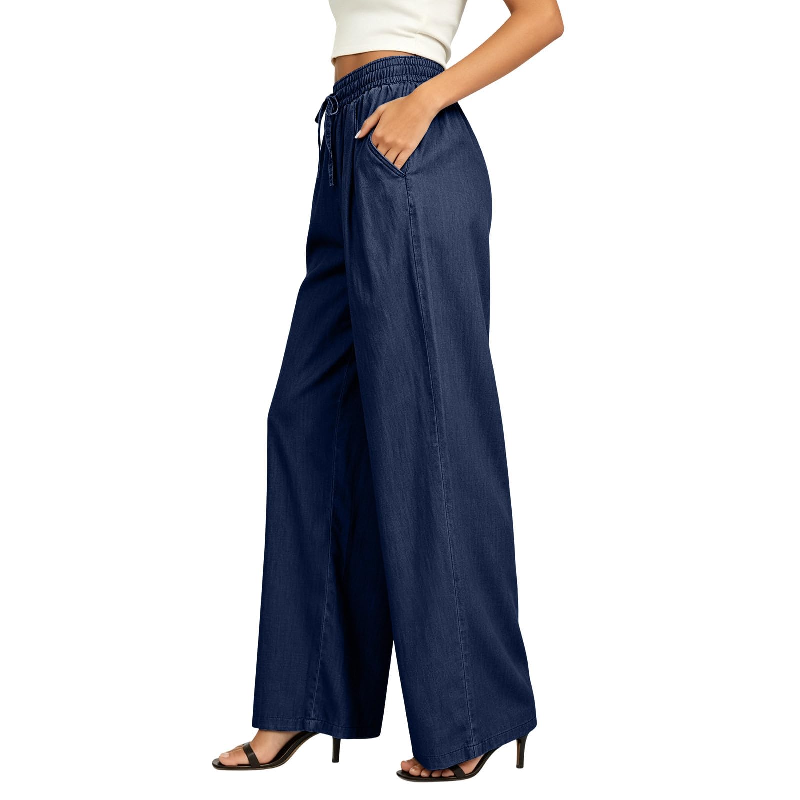Générique Pantalon Femme Large Taille Haute Fluide Cordon Poches Casual Confortable Pantalon Au Tissu Doux, Vêtement Agréable À Porter, Tenue Idéale pour Les Journées Quotidiennes Et Loisirs