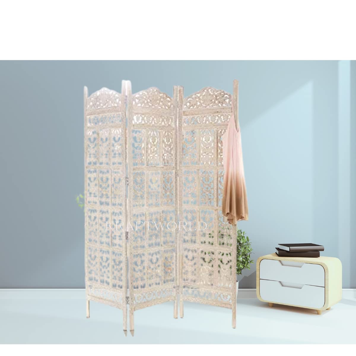 Buy KRAFTWORLD Wooden Room Partition For Living Room, Wooden Room Divider 3 Panel, Wooden