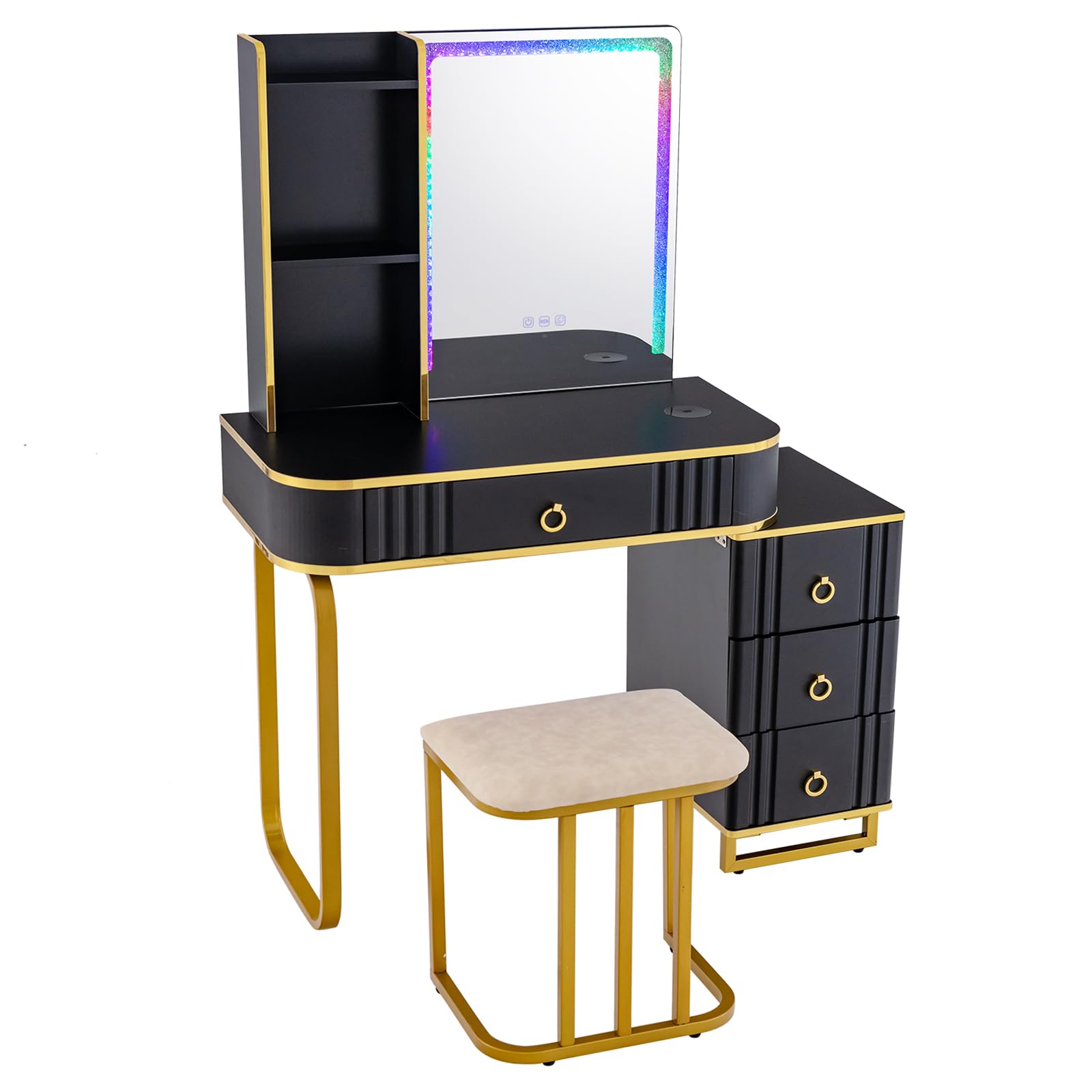 HOMASIS Toeletta Trucco con Luci a Led Colorate Regolabili, Postazione Trucco con Sgabello, Toletta da Trucco con Specchio con Porta USB e 4 Cassetti, 80 x 40 x 137 cm (Nero)